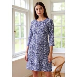 J.McLaughlin Women's Blue & White Print 3/4‎ Sleeve A-Line Dress